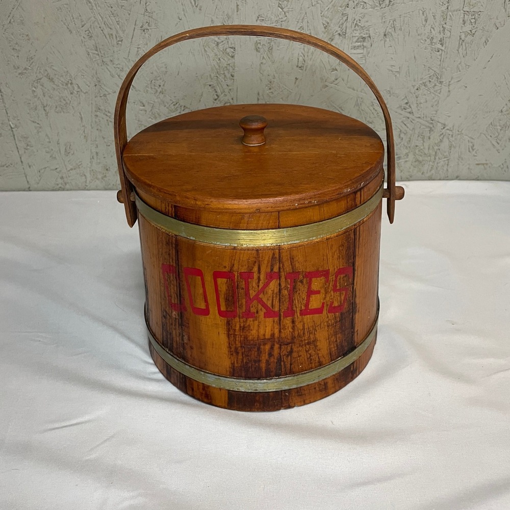 Antique Vintage Wood Cookie Jar Firkin Bucket Canister Sugar Pail w/Handle & Lid